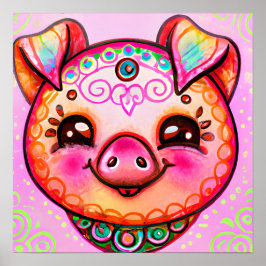 Póster Funky Boho Pig Farm Animal Portratrato Art