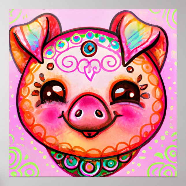 Póster Funky Boho Pig Farm Animal Portratrato Art (Frente)