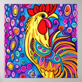 Póster Funky Boho Rooster Farm Animal Retratrato Art