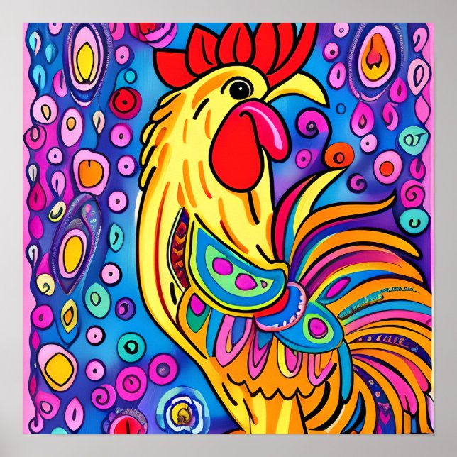 Póster Funky Boho Rooster Farm Animal Retratrato Art (Frente)