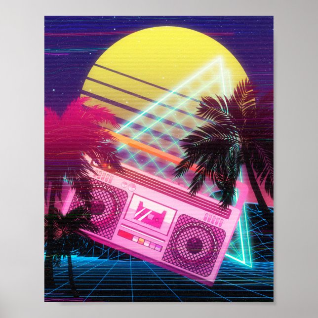 Póster Funky boombox rosa de los años 80 con palmeras (Frente)