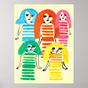 Póster Funky colorido muñeca chica acuarela