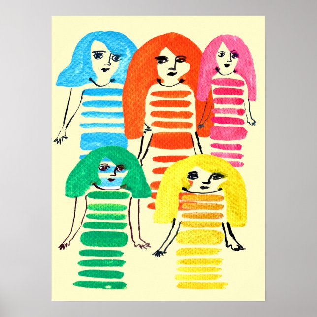 Póster Funky colorido muñeca chica acuarela (Frente)