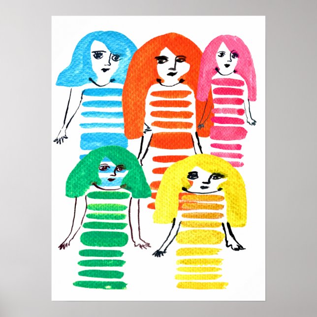 Póster Funky colorido muñeca chica acuarela (Frente)