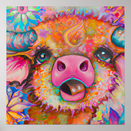 Póster Funky Happy Baby Buffalo Farm Animal Nursera Art