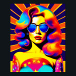 Póster Funky Retro Pop Art Fashion<br><div class="desc">Get transported back to the days of peace, love, and flower power with this stunning pop art creation. A captivating psychedelic girl, donning a pair of trendy sunglasses, shines against a backdrop of the iconic stars and stripes. With its bold colors, retro groovy vibe, and modern pop art design, this...</div>