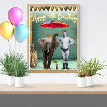 Póster Funky Vintage Strongman 40 cumpleaños<br><div class="desc">Viñeta de cumpleaños 40 de arte alterado divertido y divertido presenta hombre fuerte de la época y una sombrilla con recortes de fotos de elefantes con texto de neón</div>