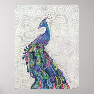 Póster Funky Watercolor Peacock Original Art Poster