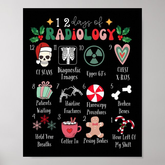 Póster Funny 12 Days Of Radiology Christmas Radiate Xray  (Frente)