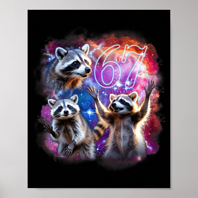 Póster Funny 67 Meme Racoon Howling At The Moon Six Seven (Frente)