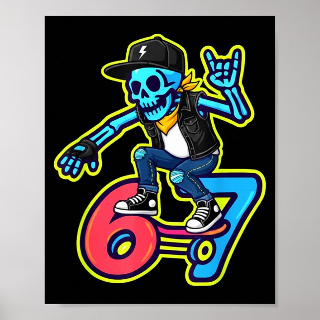 Póster Funny 67 Skeleton Skater Meme Retro Skateboarding  (Frente)