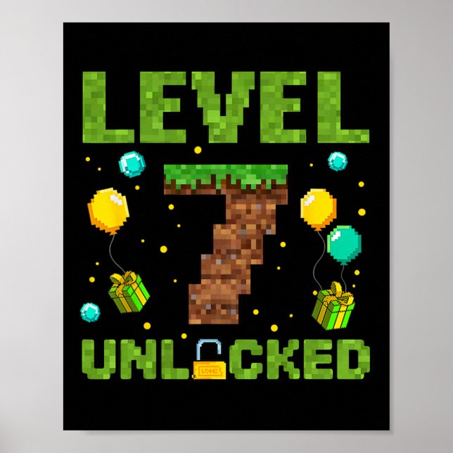 Póster Funny 7th Birthday Boy Gamer Level 7 Unlocked Pixe (Frente)