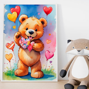 Póster Funny acuarela Teddy Bear con globos cardíacos