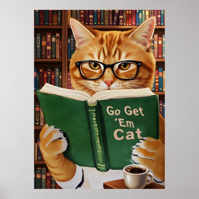 Póster Funny Adorable Reading Cat Art Coffee Tabby Cat (Frente)