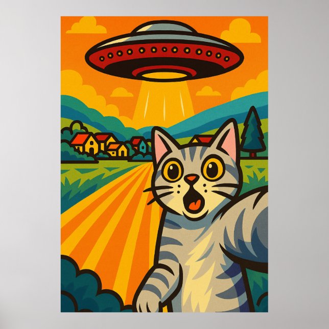 Póster Funny Alien Cat UFO Abduction Cat Retro Pop Art (Frente)
