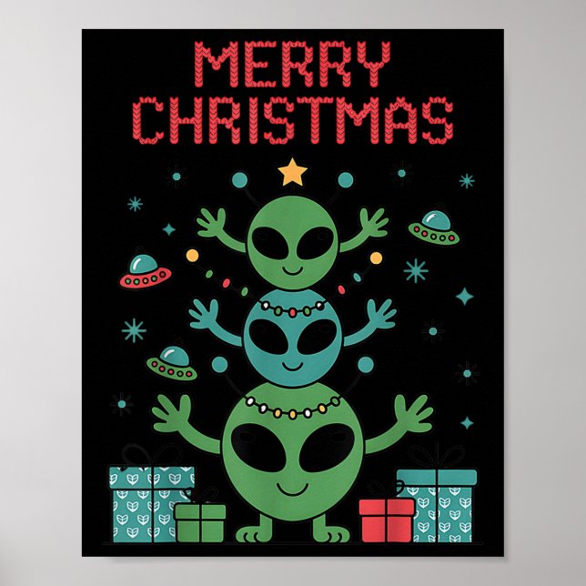 Póster Funny Alien Trio Merry Ugly Christmas Santa Hat Xm (Frente)
