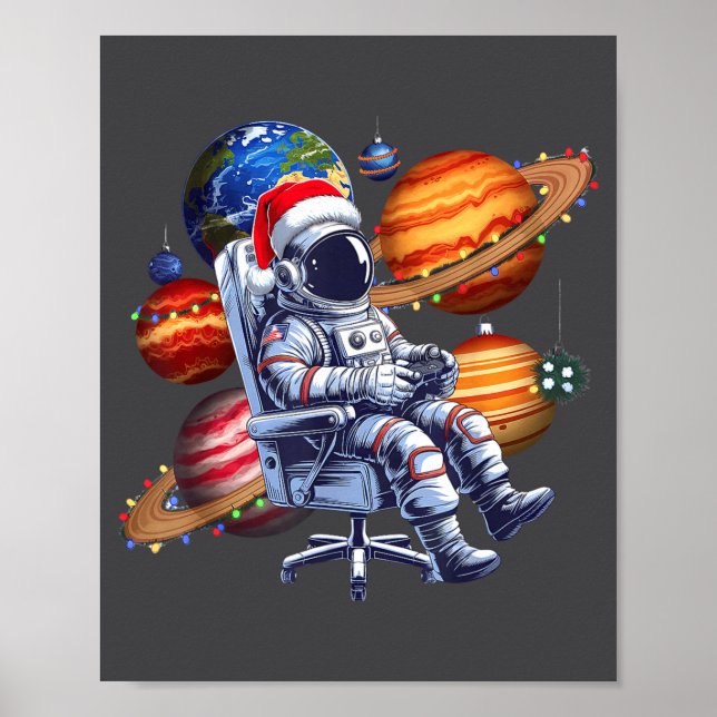 Póster Funny Astronaut Christmas Space Lights Santa Hat P (Frente)