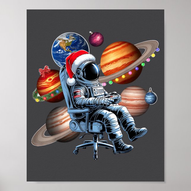 Póster Funny Astronaut Christmas Space Lights Santa Hat P (Frente)