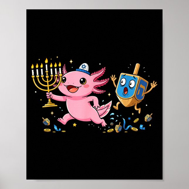 Póster Funny Axolotl Dreidel Menorah Hanukkah Kids Womens (Frente)