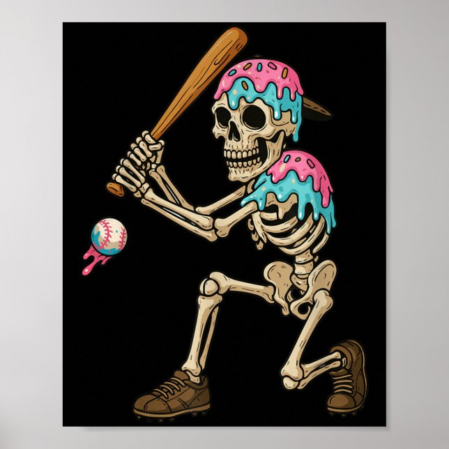 Póster Funny Baseball Skeleton Ice Cream Drip Baseball Bo (Frente)