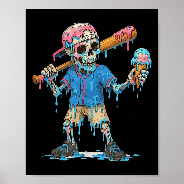 Póster Funny Baseball Skeleton Ice Cream Drip Baseball Bo (Frente)