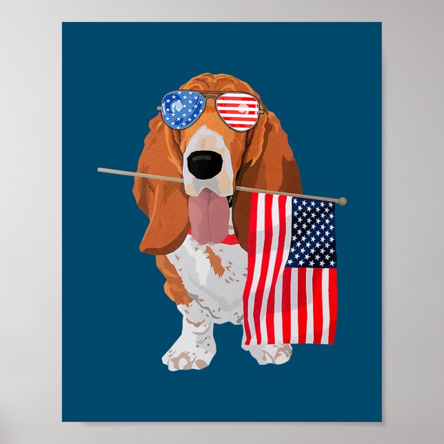 Póster Funny Basset Hound American Flag Dog 4 De Julio (Frente)