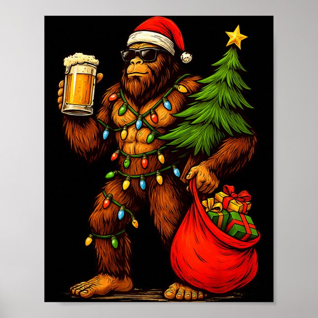 Póster Funny Big Foot Santa Hat Drink Christmas Tree Xmas (Frente)