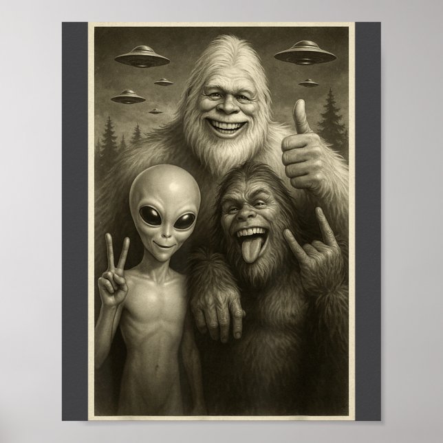 Póster Funny Bigfoot, Alien, &amp; Yeti Sasquatch Rock On (Frente)