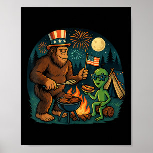 Póster Funny Bigfoot Alien Bbq Campfire 4 De Julio Ameri