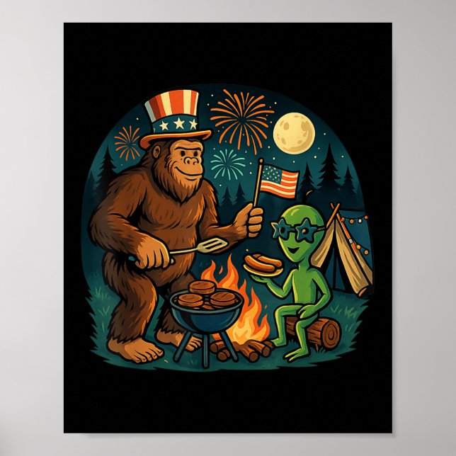 Póster Funny Bigfoot Alien Bbq Campfire 4 De Julio Ameri (Frente)