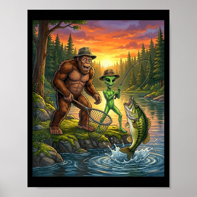 Póster Funny Bigfoot Fishing Mens Alien Sasquatch Fishing (Frente)