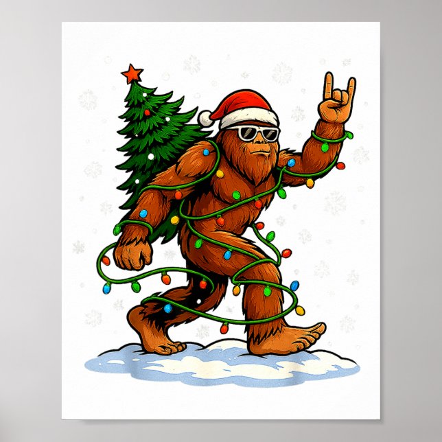 Póster Funny Bigfoot Rock On Christmas Lights Snow Holida (Frente)