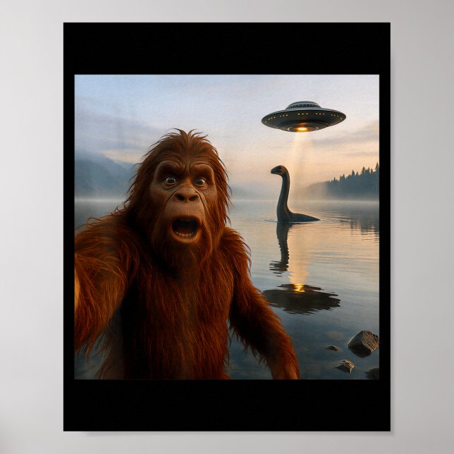 Póster Funny Bigfoot Selfie With Loch Ness Monster And Uf (Frente)