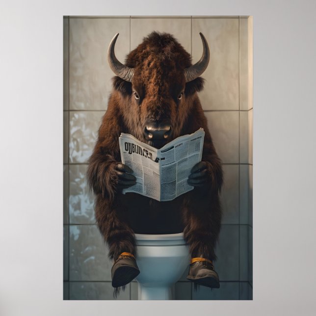 Póster Funny Bison Bathroom Print, Toilet Newspaper Art (Frente)