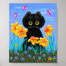 Póster Funny Black Cat Art Spring Daffodils Creationarts