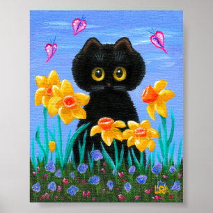 Póster Funny Black Cat Art Spring Daffodils Creationarts