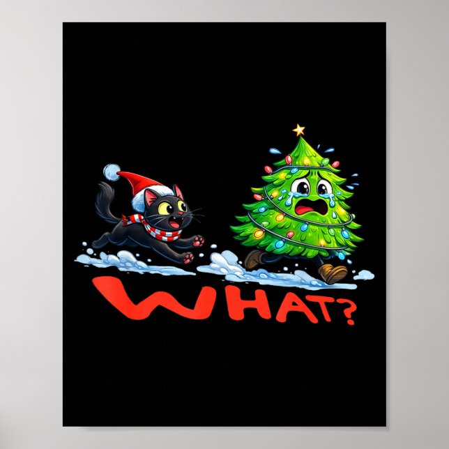 Póster Funny Black Cat Chasing Christmas Tree Over Cat Wh (Frente)
