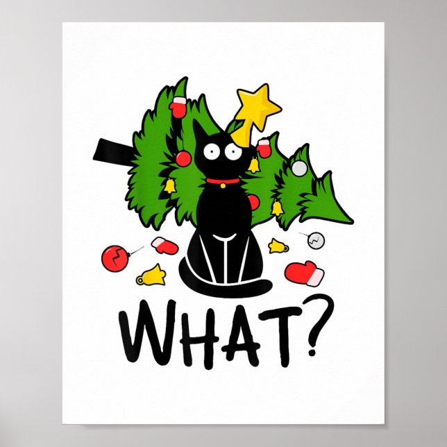 Póster Funny Black Cat Christmas Tree Merry Santa Humor C (Frente)