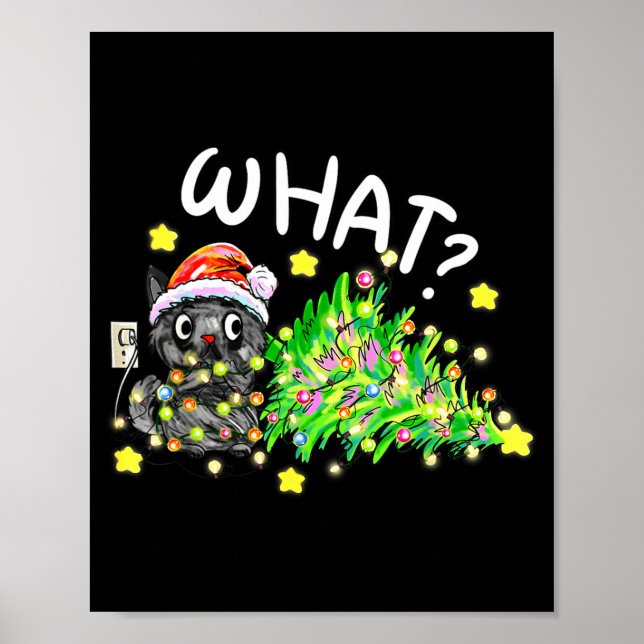 Póster Funny Black Cat Gift Pushing Christmas Tree Over C (Frente)