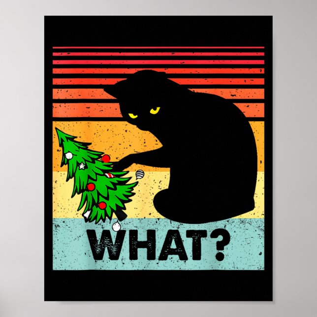 Póster Funny Black Cat Gift Pushing Christmas Tree Over C (Frente)