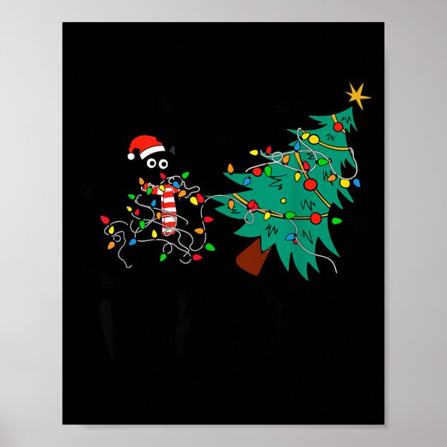 Póster Funny Black Cat Gift Pushing Christmas Tree Over C (Frente)