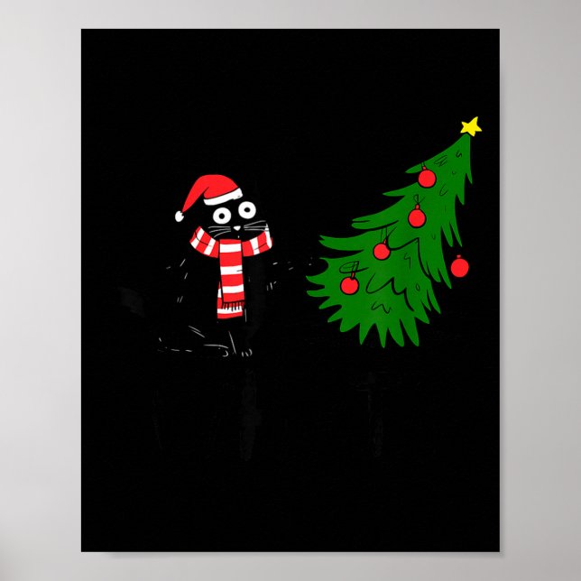 Póster Funny Black Cat Gift Pushing Christmas Tree Over C (Frente)