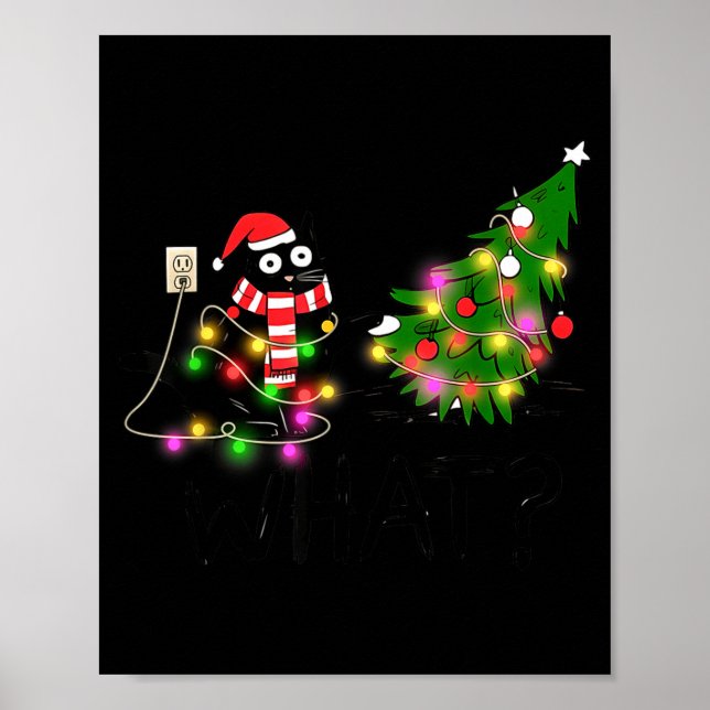 Póster Funny Black Cat Gift Pushing Christmas Tree Over C (Frente)