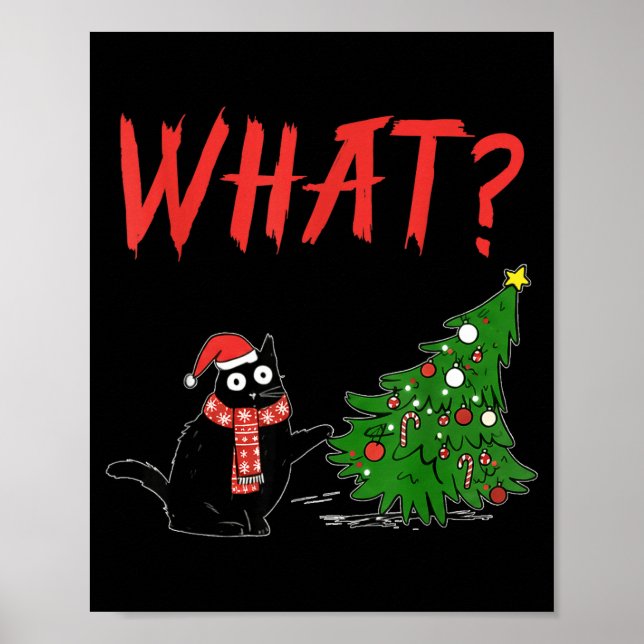 Póster Funny Black Cat Gift Pushing Christmas Tree Over C (Frente)