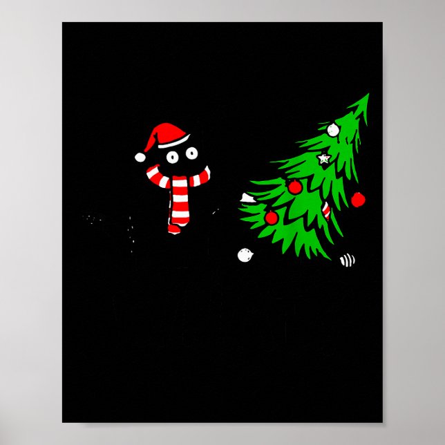 Póster Funny Black Cat Gift Pushing Christmas Tree Over C (Frente)