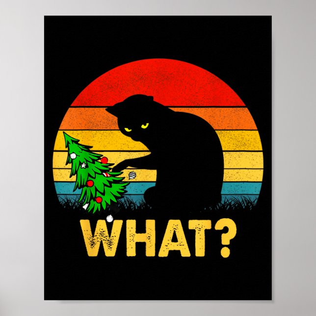 Póster Funny Black Cat Gift Pushing Christmas Tree Over C (Frente)