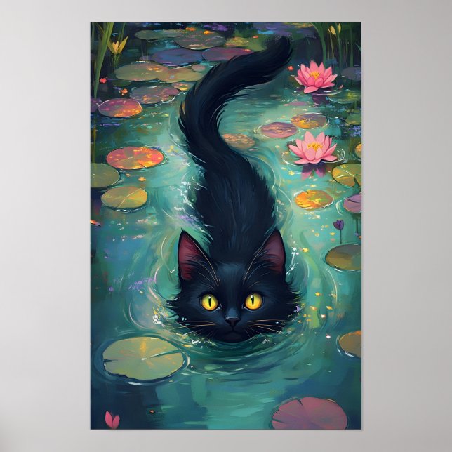 Póster Funny Black cat is swimming  (Frente)