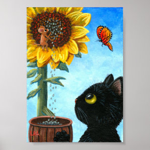 Póster Funny Black Cat Mouse Sunflower Creationarts