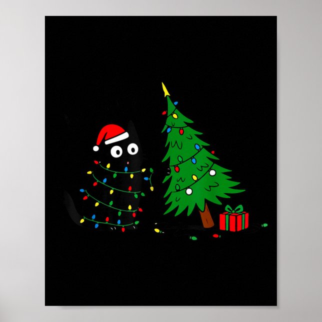 Póster Funny Black Cat Pushing 67 Christmas Tree Over Cat (Frente)