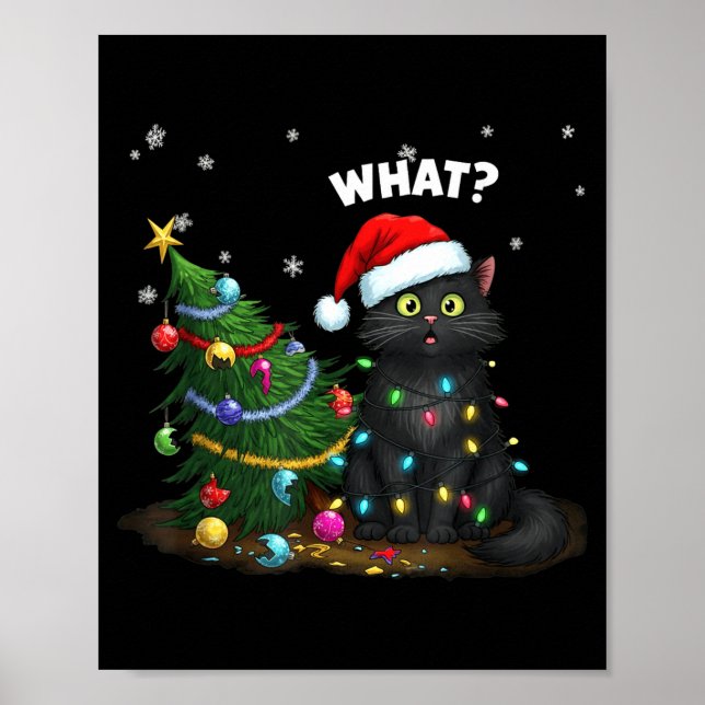 Póster Funny Black Cat Pushing Christmas Tree  (Frente)